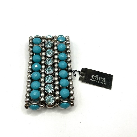 Sparkly Crystal & Blue Wide Stretch Cuff Bracelet Silver-tone Blues 2” wide - Picture 4 of 8